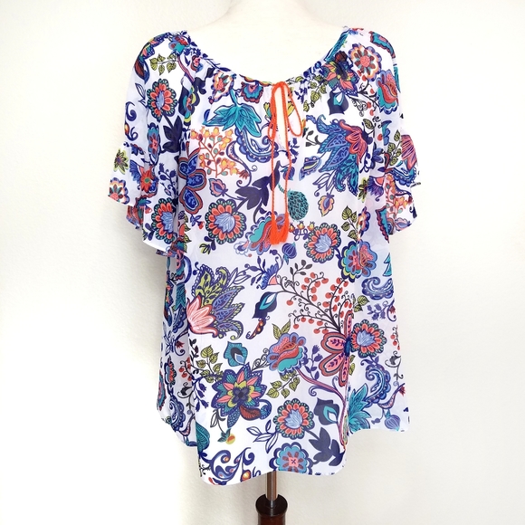 MILLY for DesigNation Boho Floral Peasant Top - Picture 2 of 12